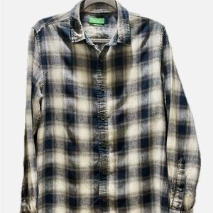 United Colors Of Benetton Navy and Cream Checkered Shirt Lyocell Blend Linen M